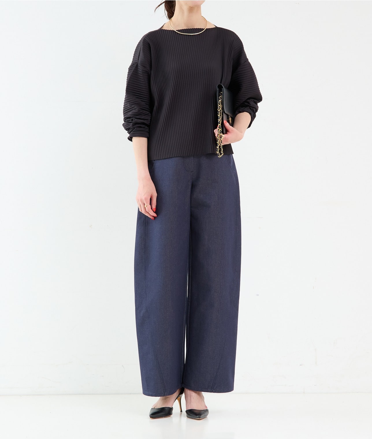 ESTHE/プリーツリブブラウス 詳細画像 BLACK 1