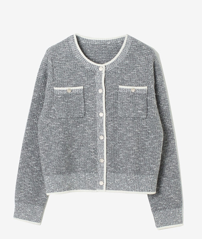 MEILLEUR MOMENT/ノーカラーツィードライクニットカーディガン