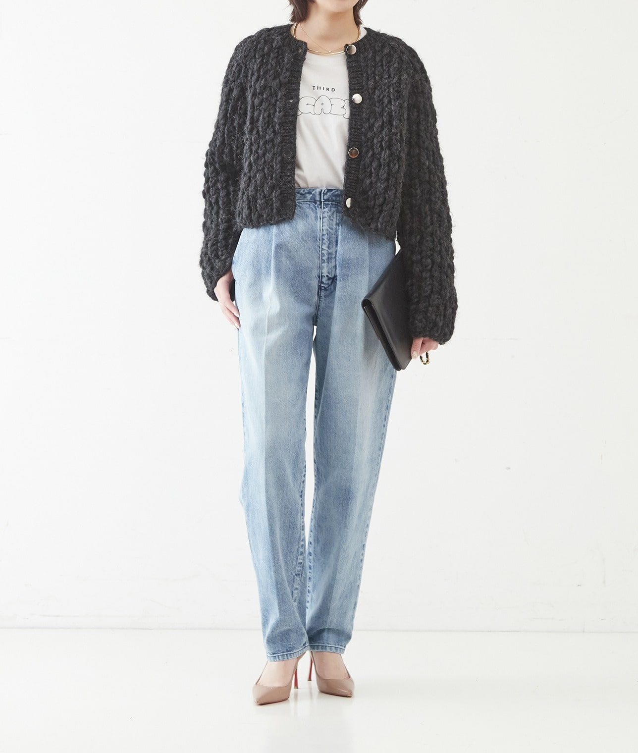 【別注】NEPAL HAND KNIT/スラブハンドニットショートカーディガン 詳細画像 チャコールグレー 1