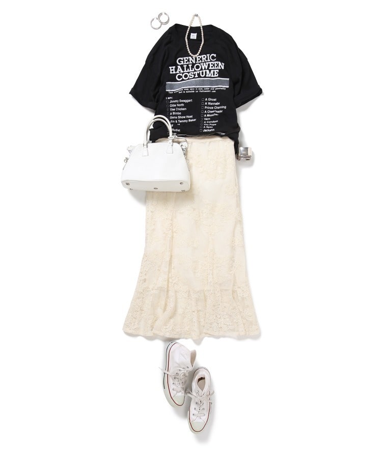 USED Tシャツ×レースフレアスカート