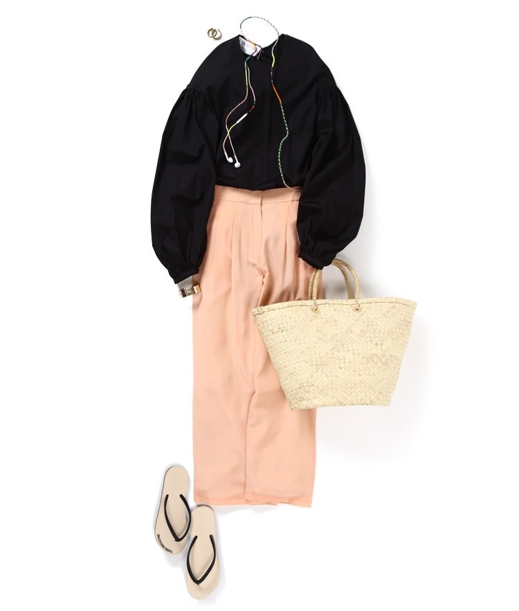 EVA MANN/バックリボンボリューム×袖ブラウスシルクワイドパンツ