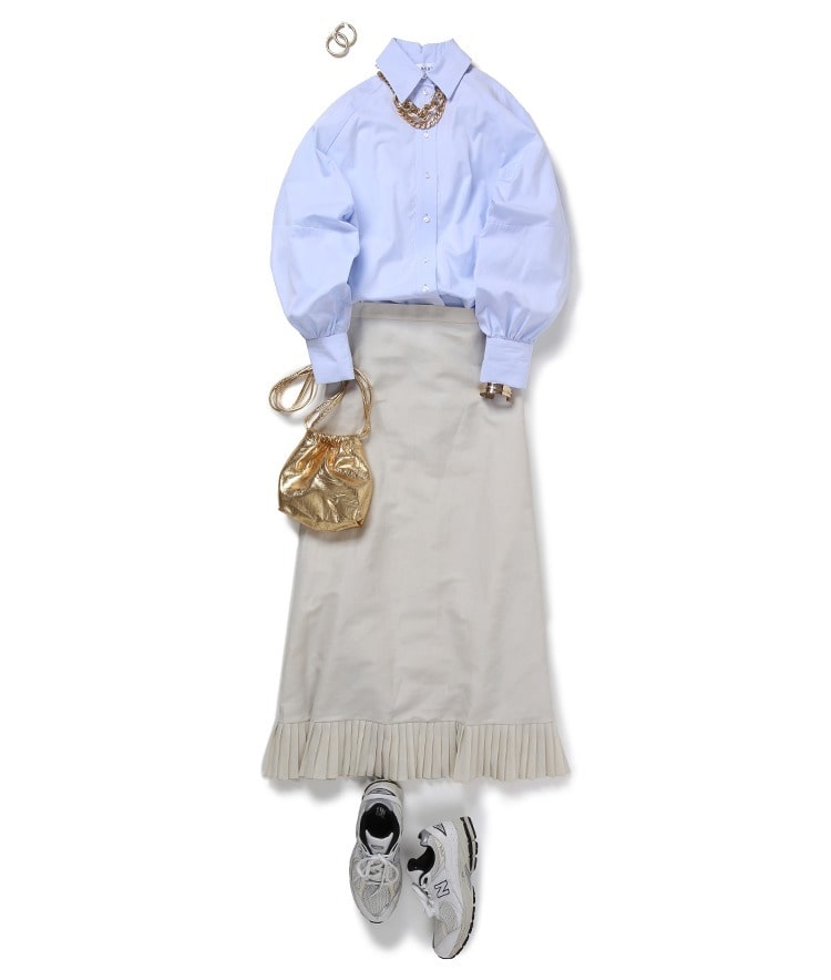 EVA MANN/ボリューム袖ブラウス×リネンナイロン裾タックロングスカート