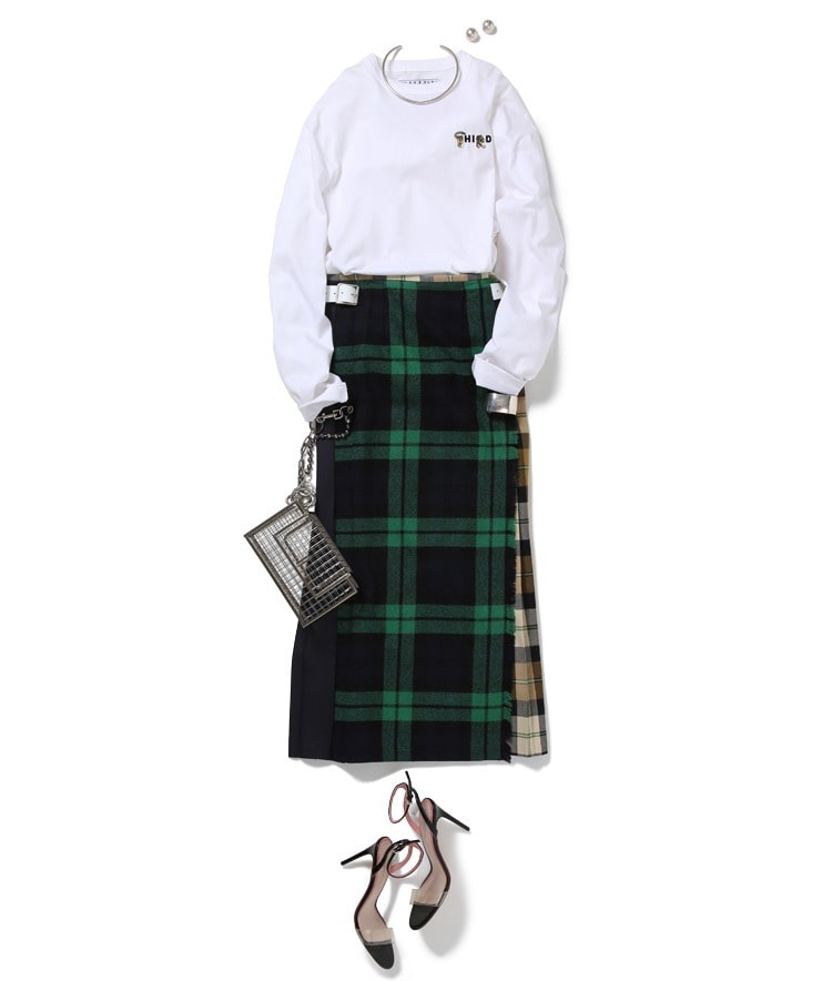 ”THIRD” Tigerロゴ刺繍ロングスリーブTシャツ×【別注】O'neil of Dublin/チェックキルトスカート