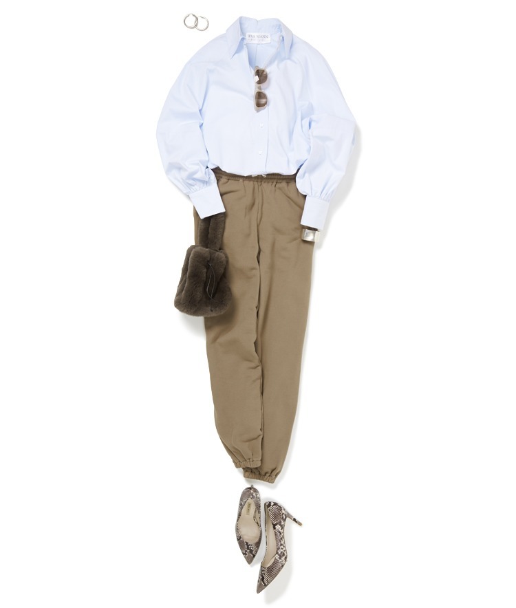 EVA MANN/ボリューム袖ブラウス×製品染裏毛ロゴ刺繍スウェットパンツ×mikomoriコラボ レッキスファーバッグ