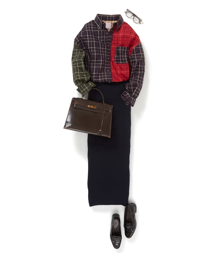 USED/Brooks Brothers/クレイジーパターンチェックシャツ	×リブニットタイトスカート