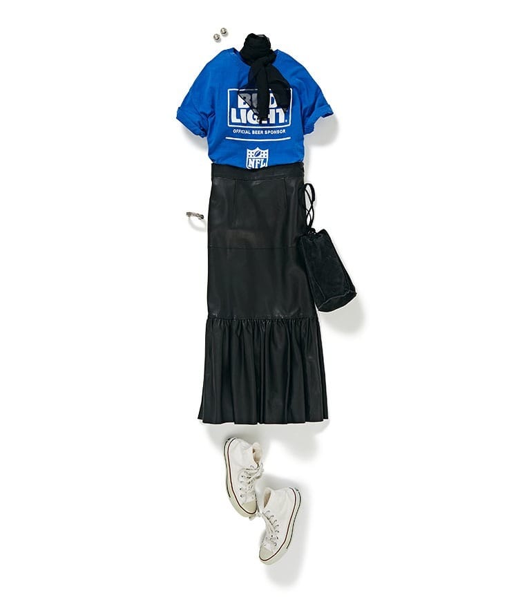 ※USED/BUD LIGHTプリントTシャツ×レザースカート×【コラボ】THIRD MAGAZINE×mikomori/シルクシフォンストール