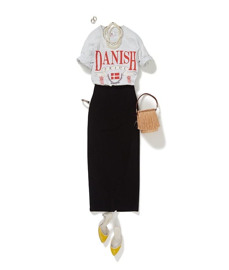 USED/DANISHプリントTシャツ×トリコットピケタイトスカート×【SENSI STUDIO】フリンジミニバケツバッグ