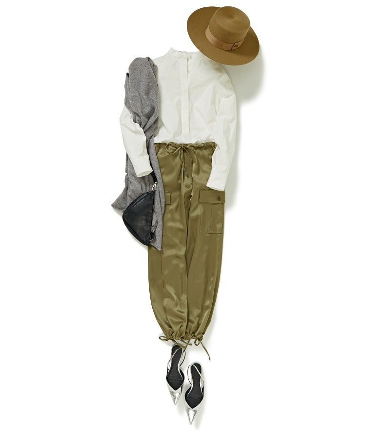バンドカラーボクシーシャツ×【コラボ】mikomori サテンカーゴパンツ×【OLIVER HATS】グログランテープハット×【RIVIERA CASHMERE】カシミヤ大判ストール