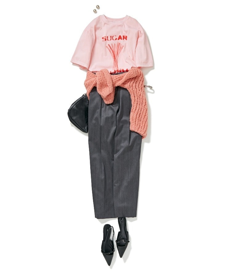 FLAN/SUGAR RUSH Tシャツ	 × MICHELE＆HOVENプルオーバーニット × ハイウエストパンツ