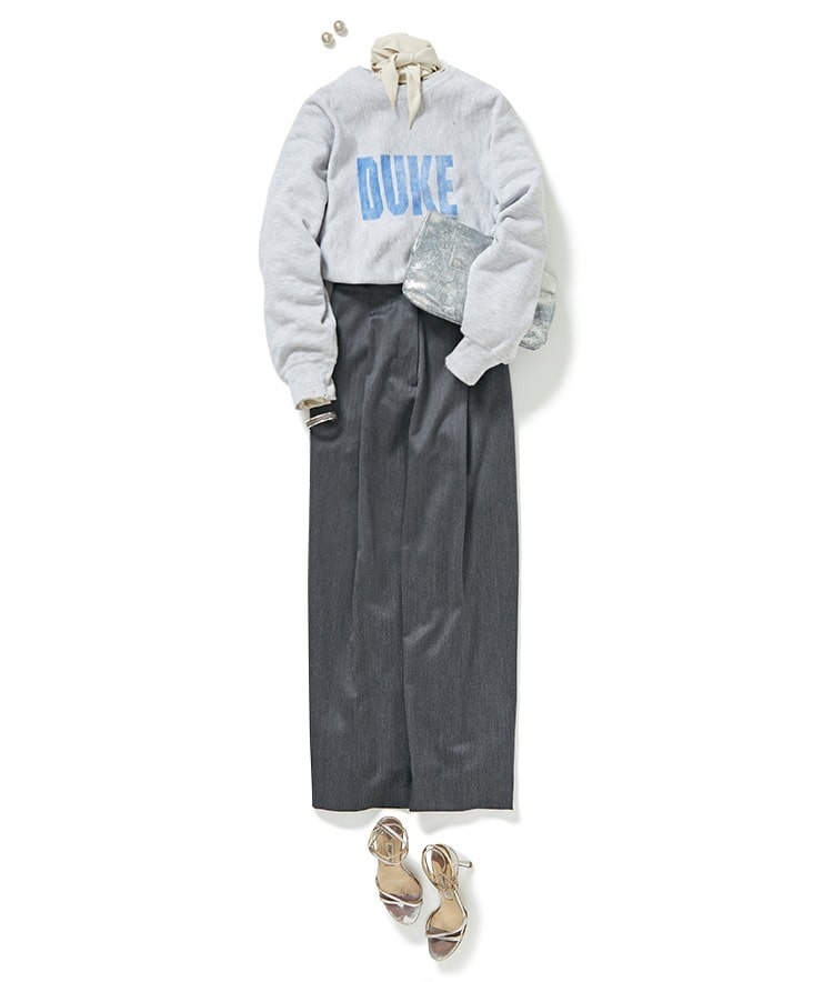 シルククレープジョーゼットボウブラウス × USED/DUKEプリントスウェット × ハイウエストパンツ