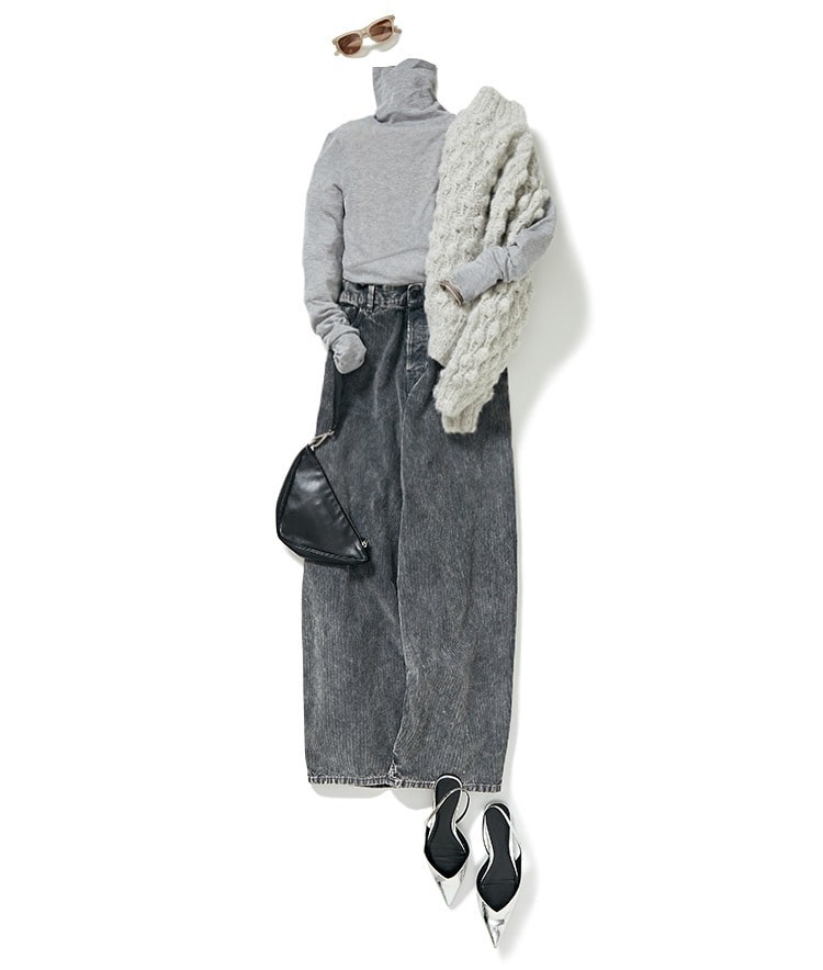 THIRD MAGAZINE×mikomori/カットソーシアータート×【HAIKURE】コーデュロイワイドパンツ×【MICHELE＆HOVEN】エンボスニットトップス