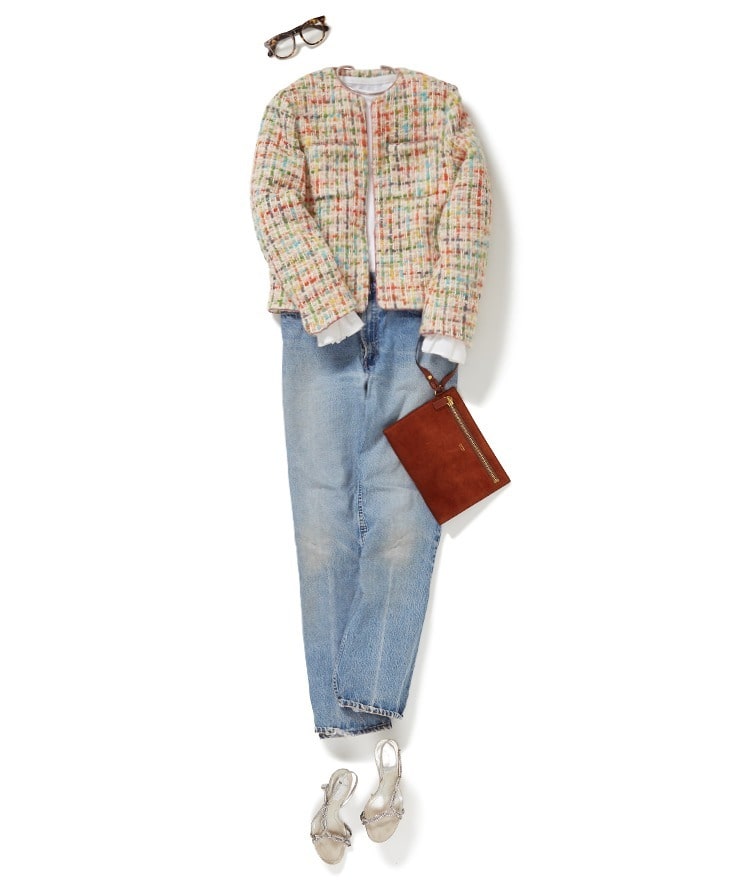 ツィードジャケット×カットコンビタックスリーブプルオーバー×USED/Levi's デニムパンツ