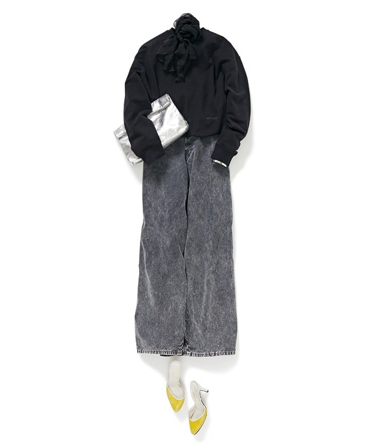 【HAPPY PLUS STORE・坪田さん別注】ロゴ刺繍スウェット×【HAIKURE】コーデュロイワイドパンツ×【mikomoriコラボ】シルクシフォンストール