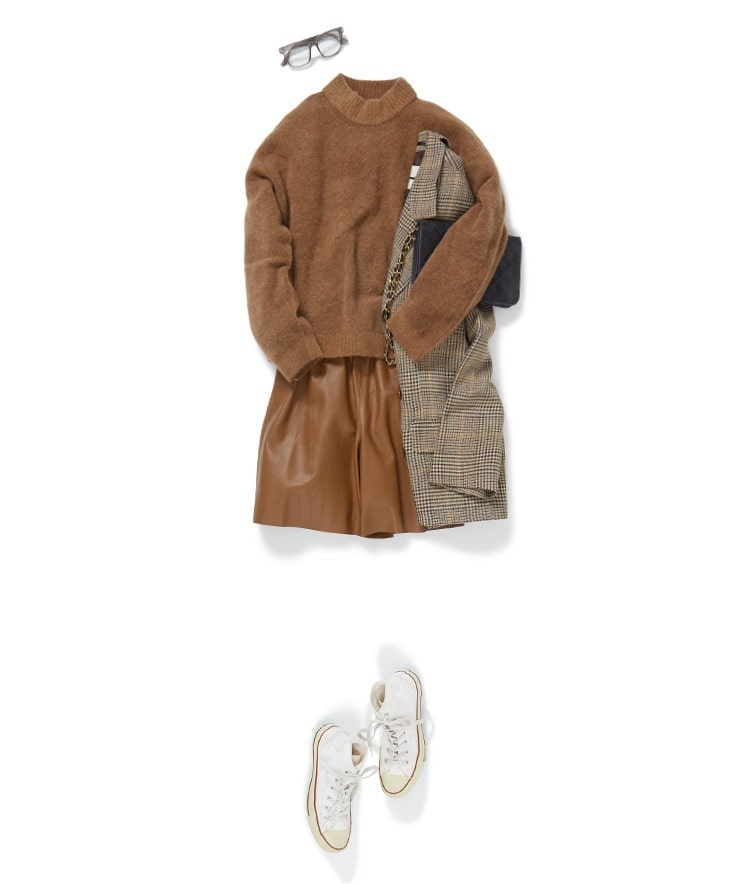 【ATOMO FACTORY】カットディティールニットクルー×レザーショートパンツ×【ADNYM ATELIER】チェックWジャケット