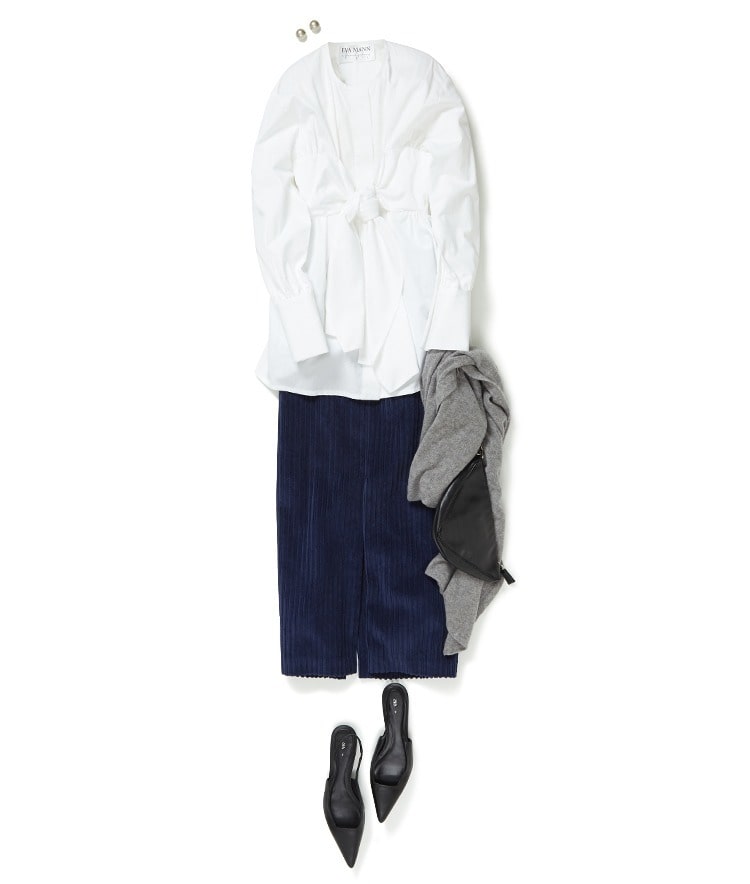EVA MANN/フロントディテールブラウス×コーデュロイタイトロングスカート×RIVIERA CASHMERE/カシミヤ大判ストール