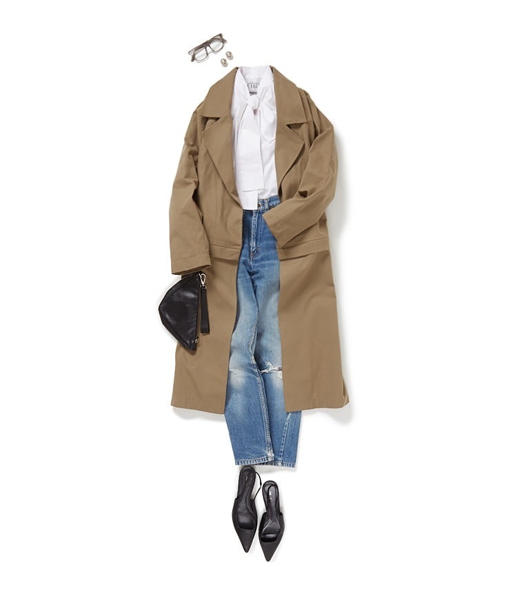 ノースリーブボウタイブラウス×USED/Levi's デニムパンツ×MO STUDIO/オーバーサイズ2WAYトレンチコート