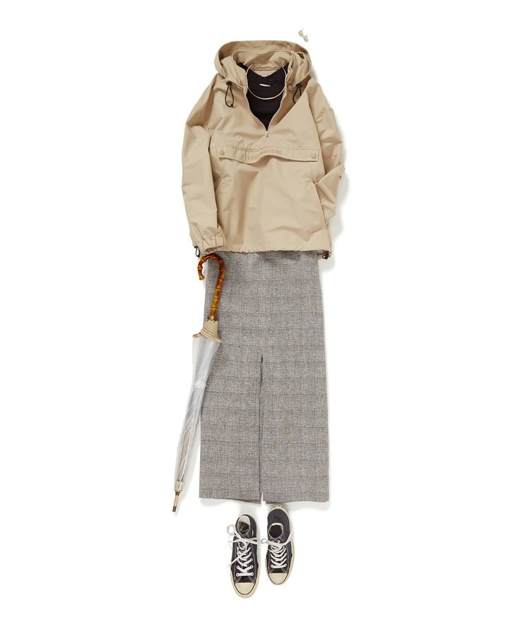 NINETY PERCENT/リブスキニータンクトップ×ロゴアノラック×グレンチェックハイウエストスカート×WHITE ROSE×THIRD MAGAZINE バンブー手元アンブレラ（58cm）