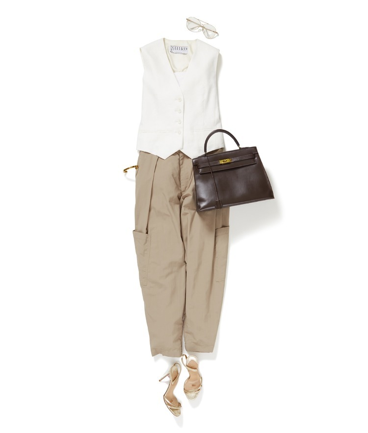 【 MELROSE×Robert P. Miller】別注カップ付きベアトップ×リネンベスト×MO STUDIO/2ポケットテーパードパンツ
