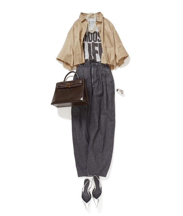 【別注】KATHARINE HAMNETT×THIRD MAGAZINE×mikomori Tシャツ×撥水ボクシーシャツ×デニムタックパンツ