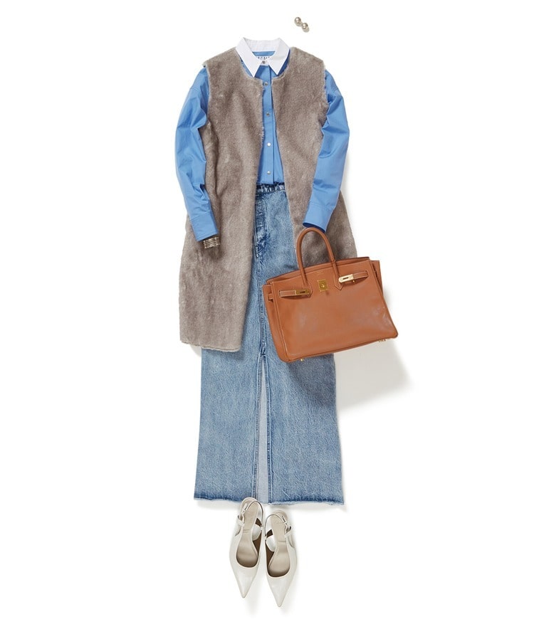 クレリックショートシャツ×フェイクファージレ×リメイクライクデニムロングスカート