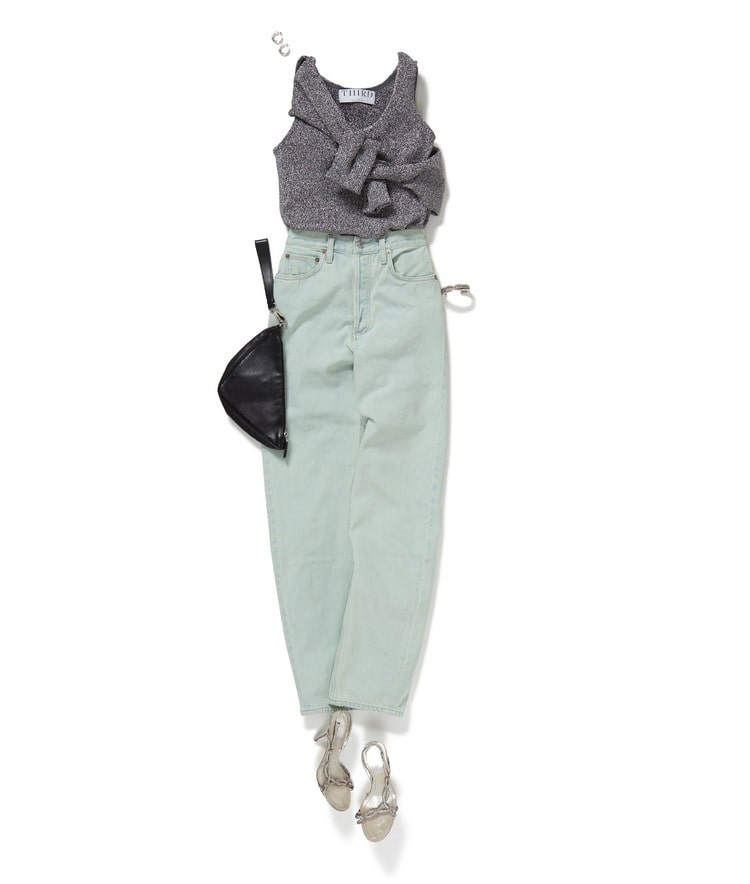 ラメニットタンクトップ×ラメニットカーディガン×AGOLDE/バルーンデニムパンツ
