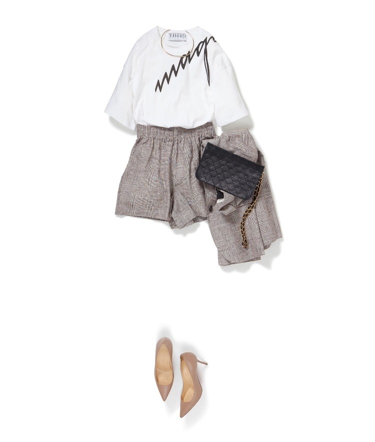 ”magazine”ロゴTシャツ×ANINE BING/チェックリネンショートパンツ×ANINE BING/チェックリネンジャケット
