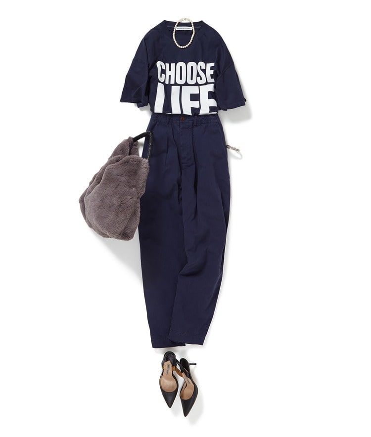 【ショールーム限定/別注】KATHARINE HAMNETT CHOOSE LIFE”TEE×POMPEII/キャンバスルーズパンツ×VINCENT PRADIER/ワンショルダーエコファーバッグ