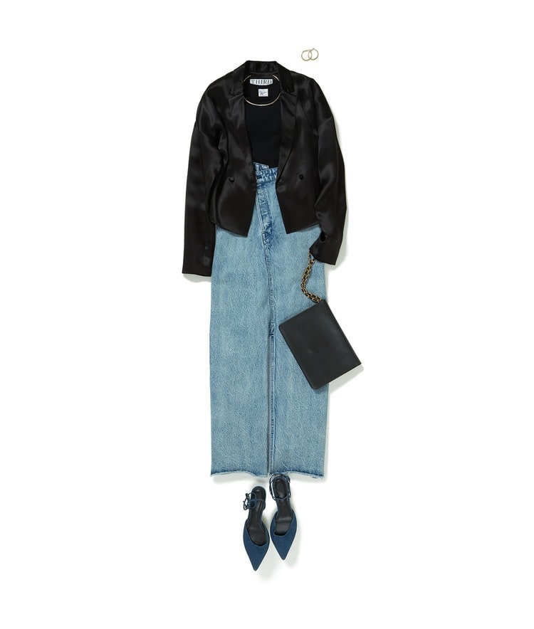 【 MELROSE×Robert P. Miller】別注カップ付きタンクトップ×サテンシャツジャケット×クロスウエストデニムスカート