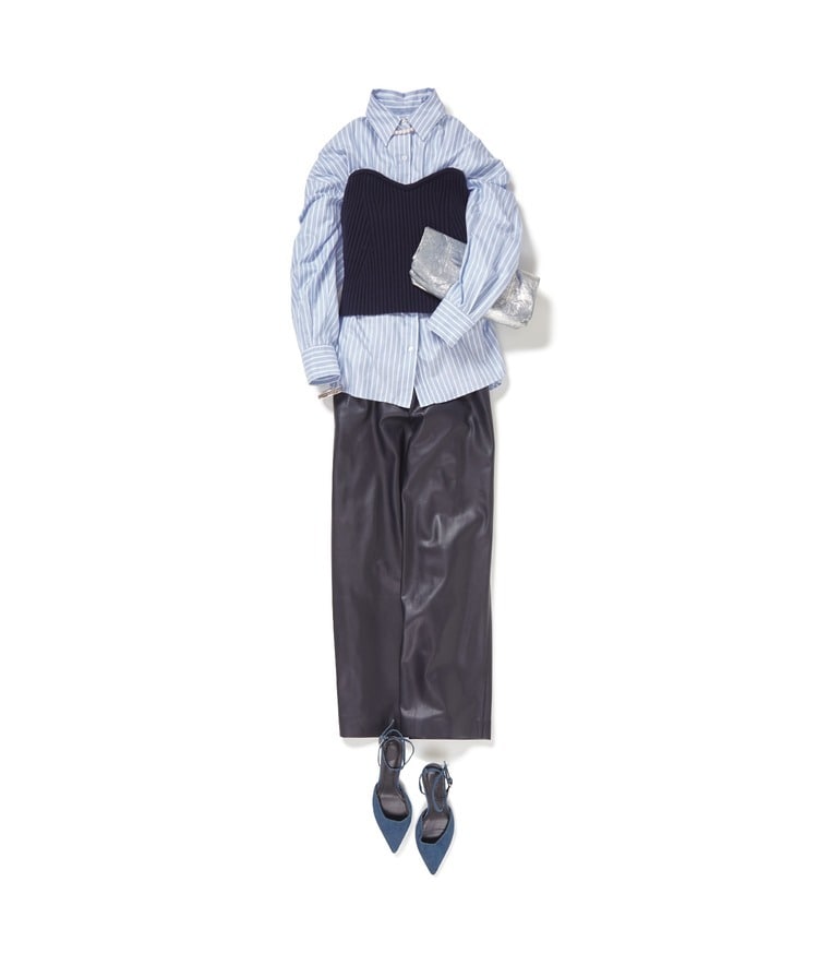 オーバーサイズシャツ×ORR/ニットビスチェ×BERENICE./エコレザーイージーパンツ