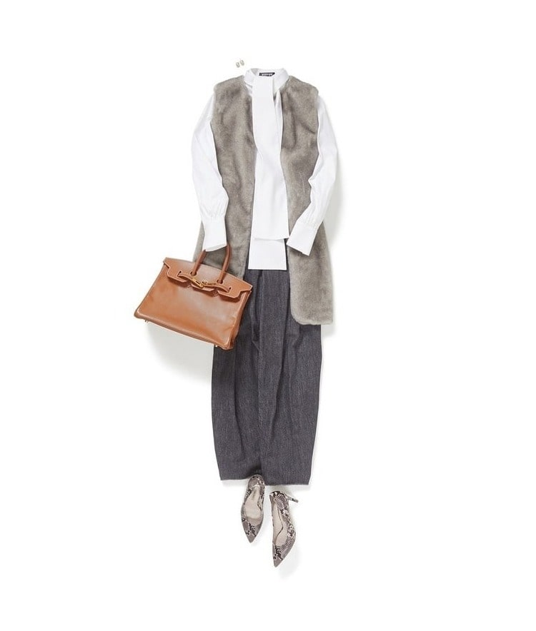 OYSTER/Big Bow dress shirt × ロングジレ × デニムタックパンツ