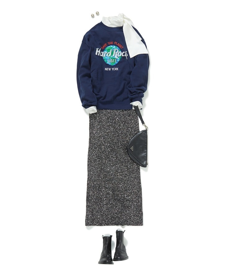 USED/Hard Rock CAFE NEW YORK刺繍スウェット×ボウタイコットンブラウス×スパンコールニットスカート