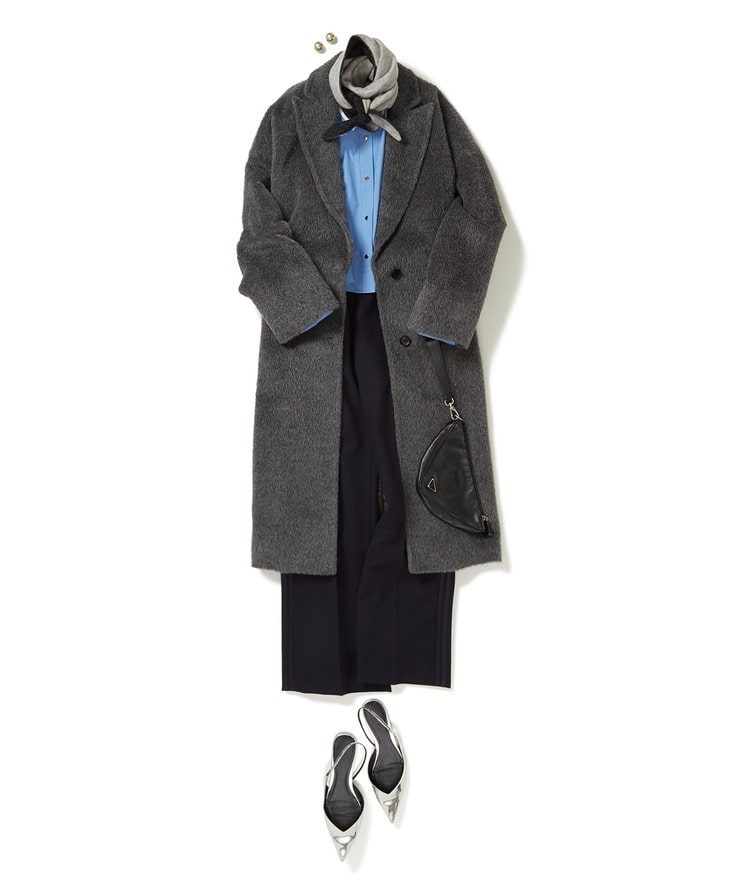 【THOMAS MASON】クレリックボクシーシャツ×ラインパンツ×MEILLEUR MOMENT/ウールシングルコート×VINCENT PRADIER/カシミアニットスカーフ
