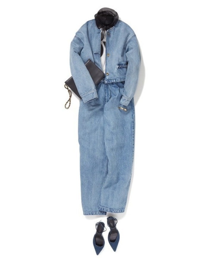 ノーカラーデニムジャケット×セミフレアイージーデニム×【別注】KATHARINE HAMNETT 