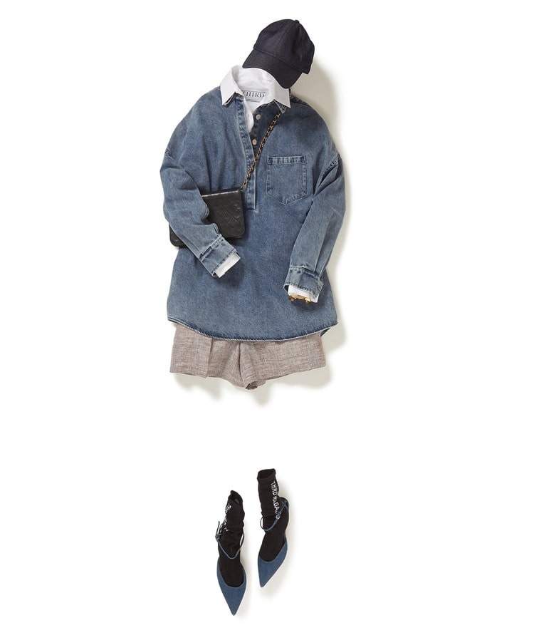オーバーサイズシャツ×LMND/デニムプルオーバー×ANINE BING/チェックリネンショートパンツ×【別注】NEW ERA/920LVES TM SUSTAINABLE DENIM NVY