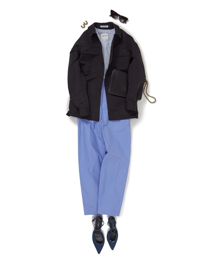 .black to grey/オーガニックコットンリブシアータンクトップ×オーバーサイズCPOジャケット×タックストレートパンツ