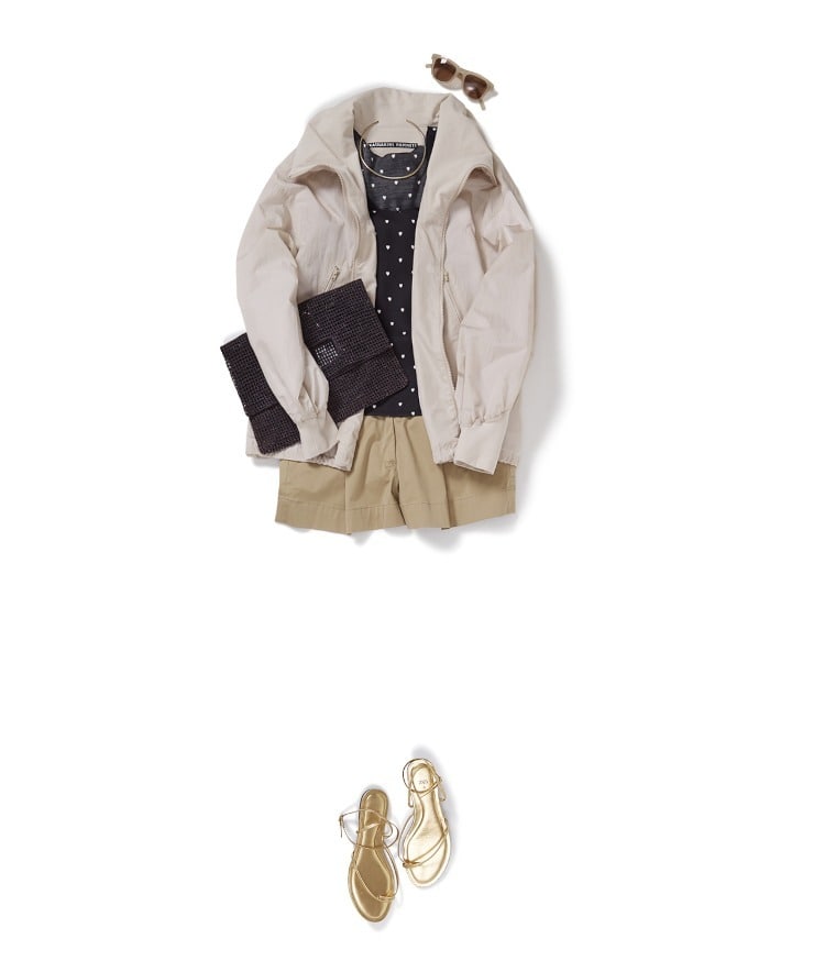 ハートドットノースリーブブラウス×The Latest/ポプリンショートパンツ×【別注】KATHARINE HAMNETT/ HIGHNECK ZIP JACKET