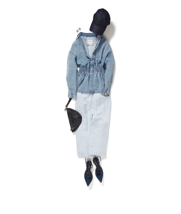 ウエストシャーリングデニムシャツ×サテンイージーパンツ×black to grey/リブシアータンクトップ×【別注】NEW ERA/920LVES TM SUSTAINABLE DENIM NVY