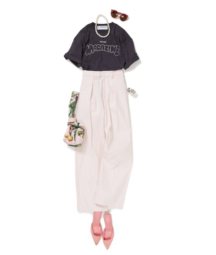 【ショールーム限定】バブルロゴTシャツ×チノパンツ×St.Piece/シルクスカーフバッグ