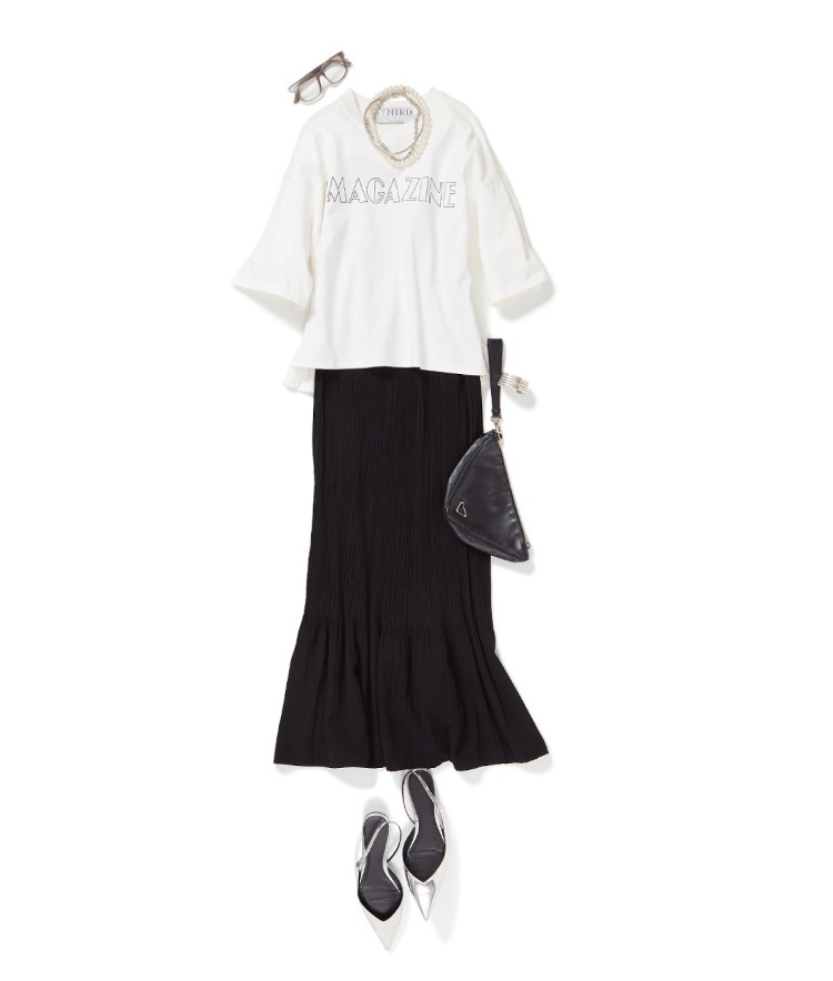 ”THIRD MAGAZINE”ロゴTシャツ×#18 DRESS/ドレス×SCRUNCHIE IS BACK/エラスティックパールネックレス