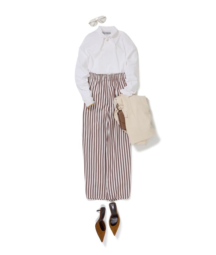 タイロングスリーブTシャツ×The New Society/ストライプパンツ×袖リブジャケット