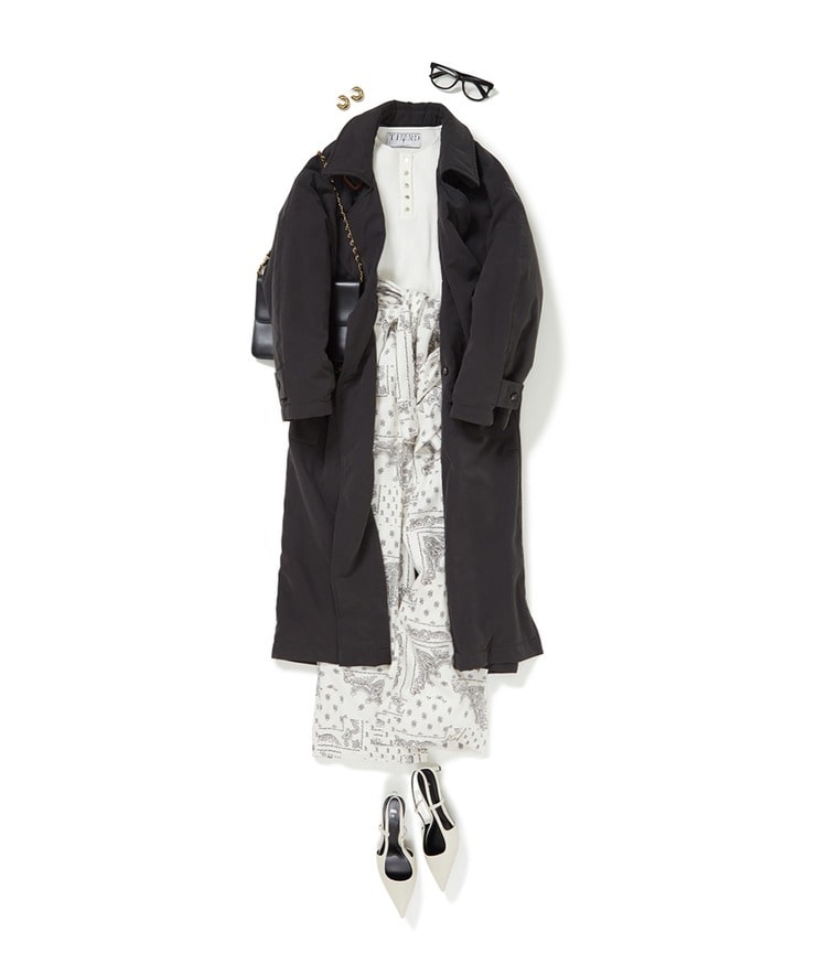 リブヘンリーネックトップ×The New Society/バンダナパンツ×TELA/パデッドオーバーコート