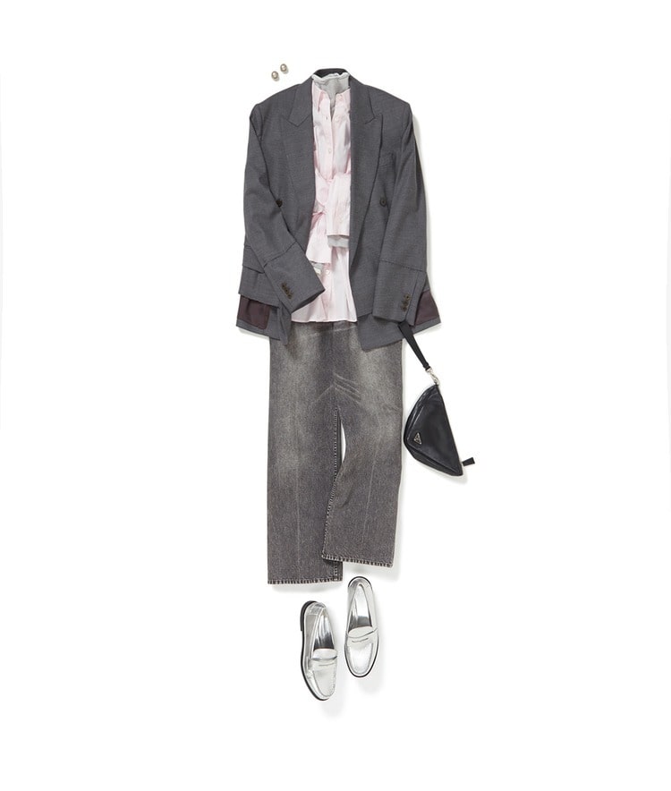 レイヤードタートルネック×オーバーサイズシャツ×デニムセンタープレスパンツ×RE:CODE/ポケットオーバーダブルジャケット