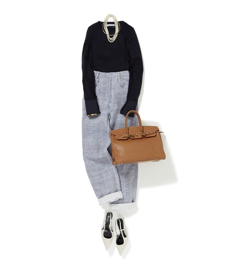 タイ付きリブトップ×BELEH/コットンリネンパンツ