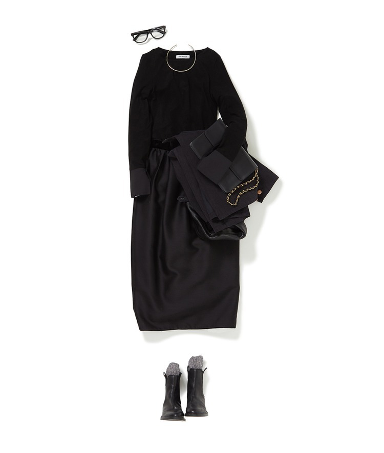 タイ付きリブトップ	×THIRD MAGAZINE×mikomori /シルクウールタックリボンスカート×KURO/デニムハーフジャケット×ラメイージーソックス