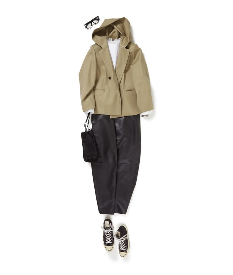 フーディジャケット×レーストリミングカットソー×LEHA/エコレザーパンツ