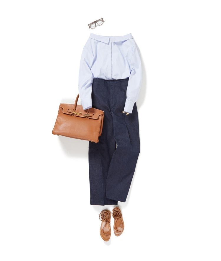 オフショルダーブラウス×デニムライクドロストパンツ