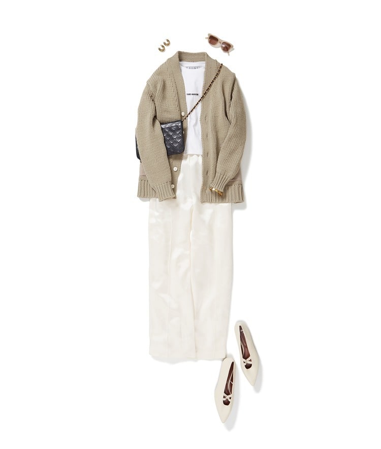 ポケットニットカーディガン×グログランロゴクロップドTシャツ×LEHA/サテンイージーパンツ