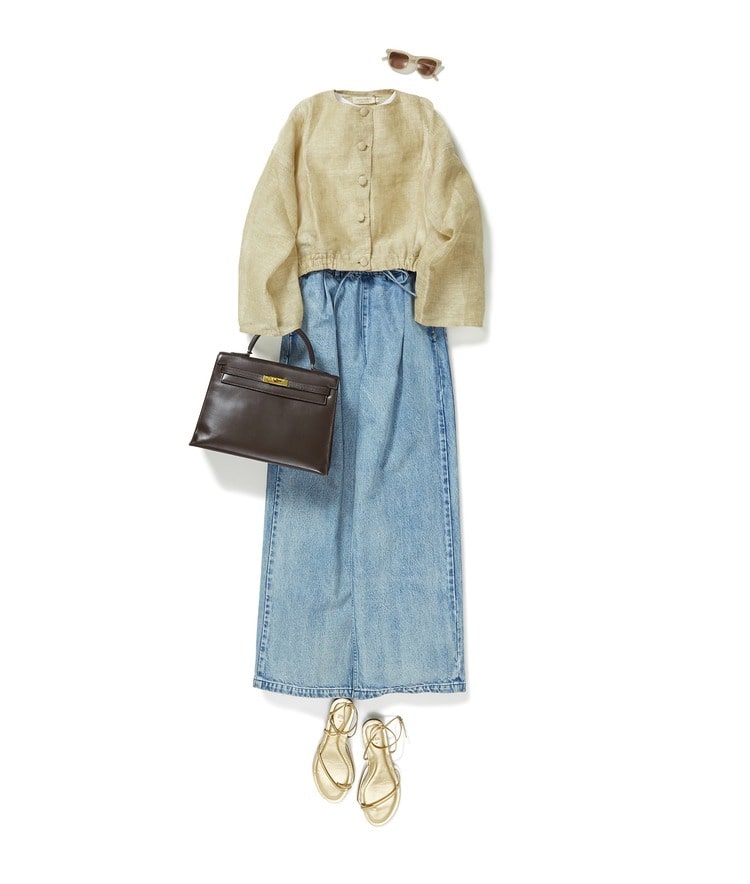 Fozia Endrias/リネンシアーノーカラージャケット×イージーサイドラインデニム