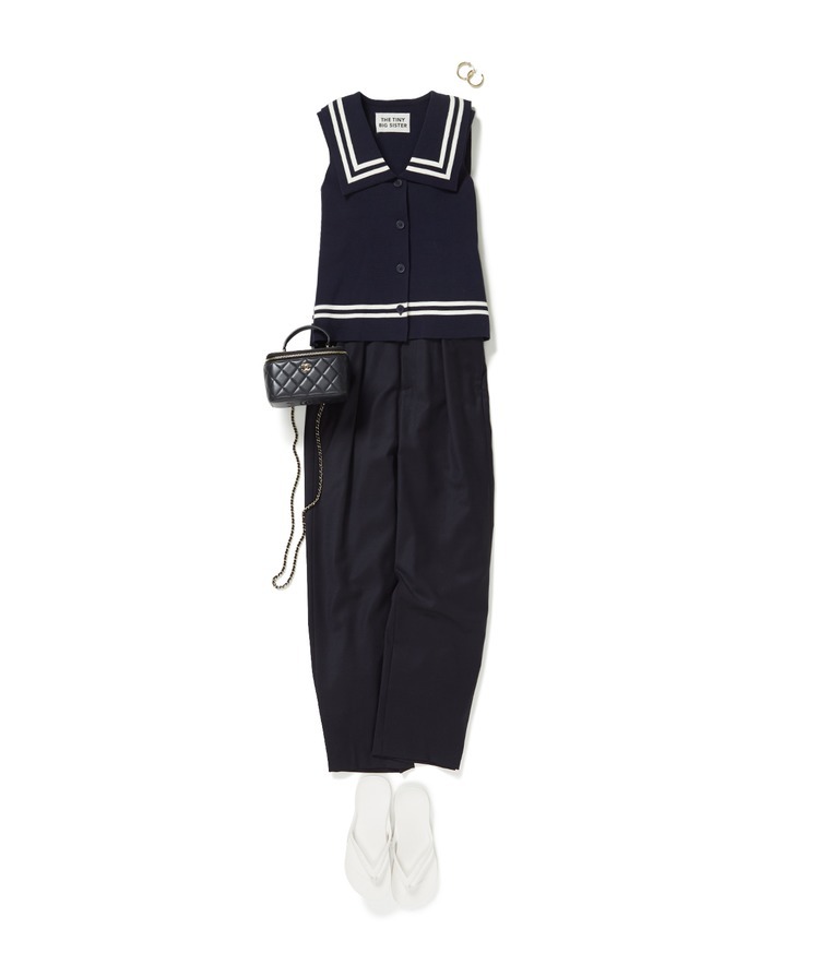 THE TINY BIG SISTER/セーラーカラーニットトップ×ツイルタックパンツ×Archies Footwear/リカバリートングサンダル
