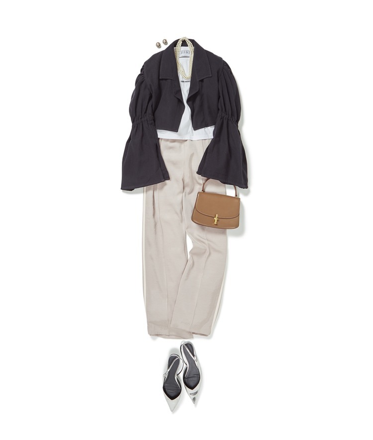 Fozia Endrias/リネンボリュームスリーブジャケット×グログランロゴクロップドTシャツ×トラックラインパンツ